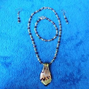 Foil Art Glass Glitter Leaf Pendant Purple Green Faceted Beaded Jewelry Set